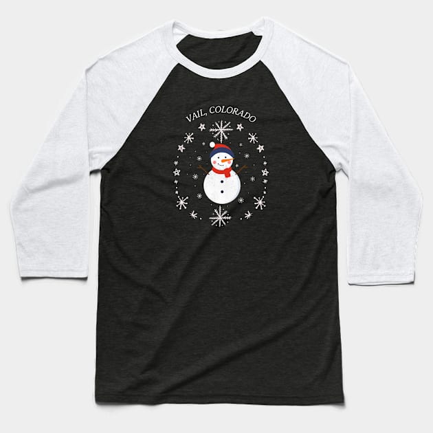 Vail, Colorado Winter Snowman Baseball T-Shirt by Mountain Morning Graphics